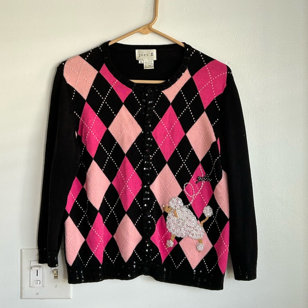 SALE Vintage Poodle Cardigan Sweater Pink Black Y2K Argyle Medi Retro Rockabilly - Picture 2 of 6